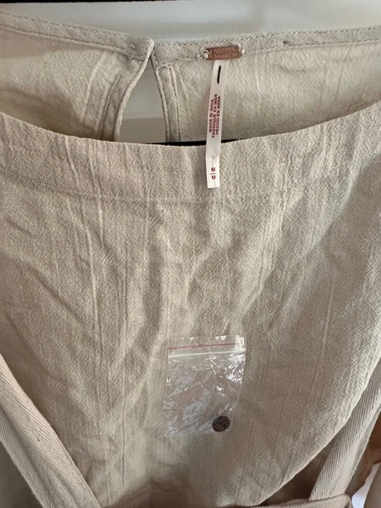 Free People Beige 2 piece Linen-Blend Midi Pinafore Dress with Wide Sleeve Top - Picture 2 of 5